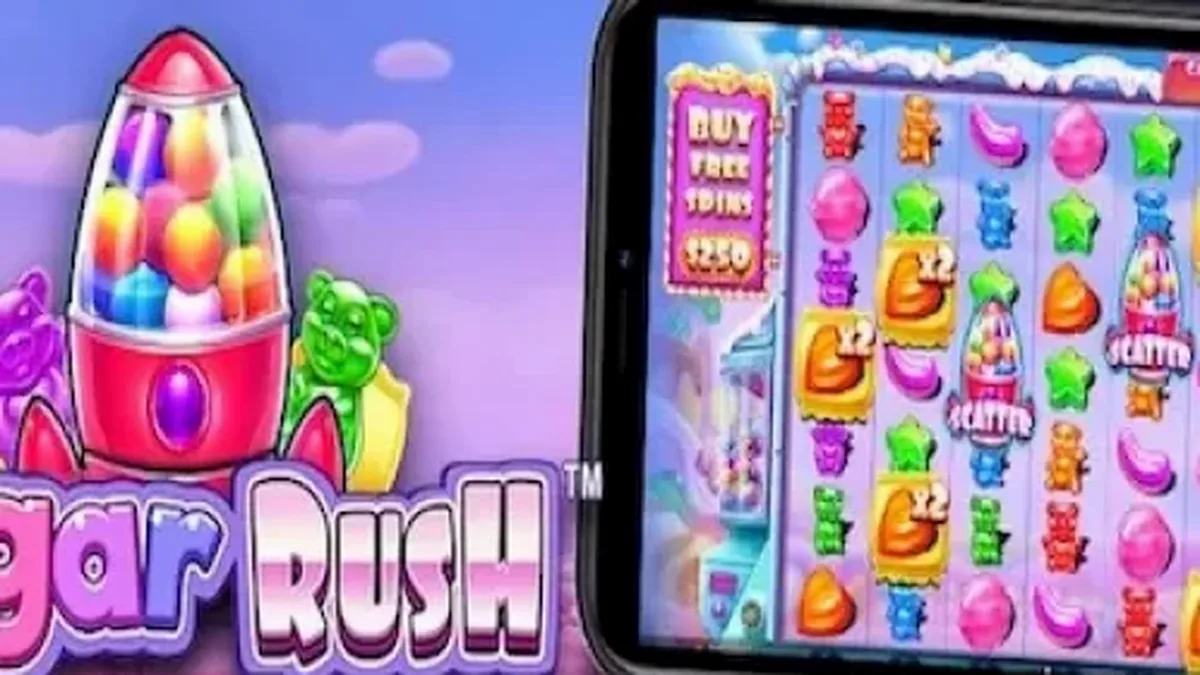 Interface colorida e vibrante do slot Sugar Rush com doces e multiplicadores